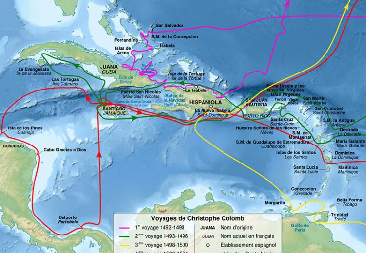 Map of Christopher Columbus voyages, between 1492 and 1504.