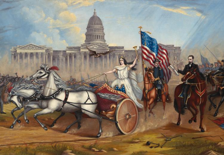 Goddess of Liberty drives a chariot pulled by two white horses. She is followed by Abraham Lincoln and Ulysses Grant, each on a horse. On either side, white soldiers and Black civilians presumed to be formerly enslaved. Capitol Rotunda in background. 